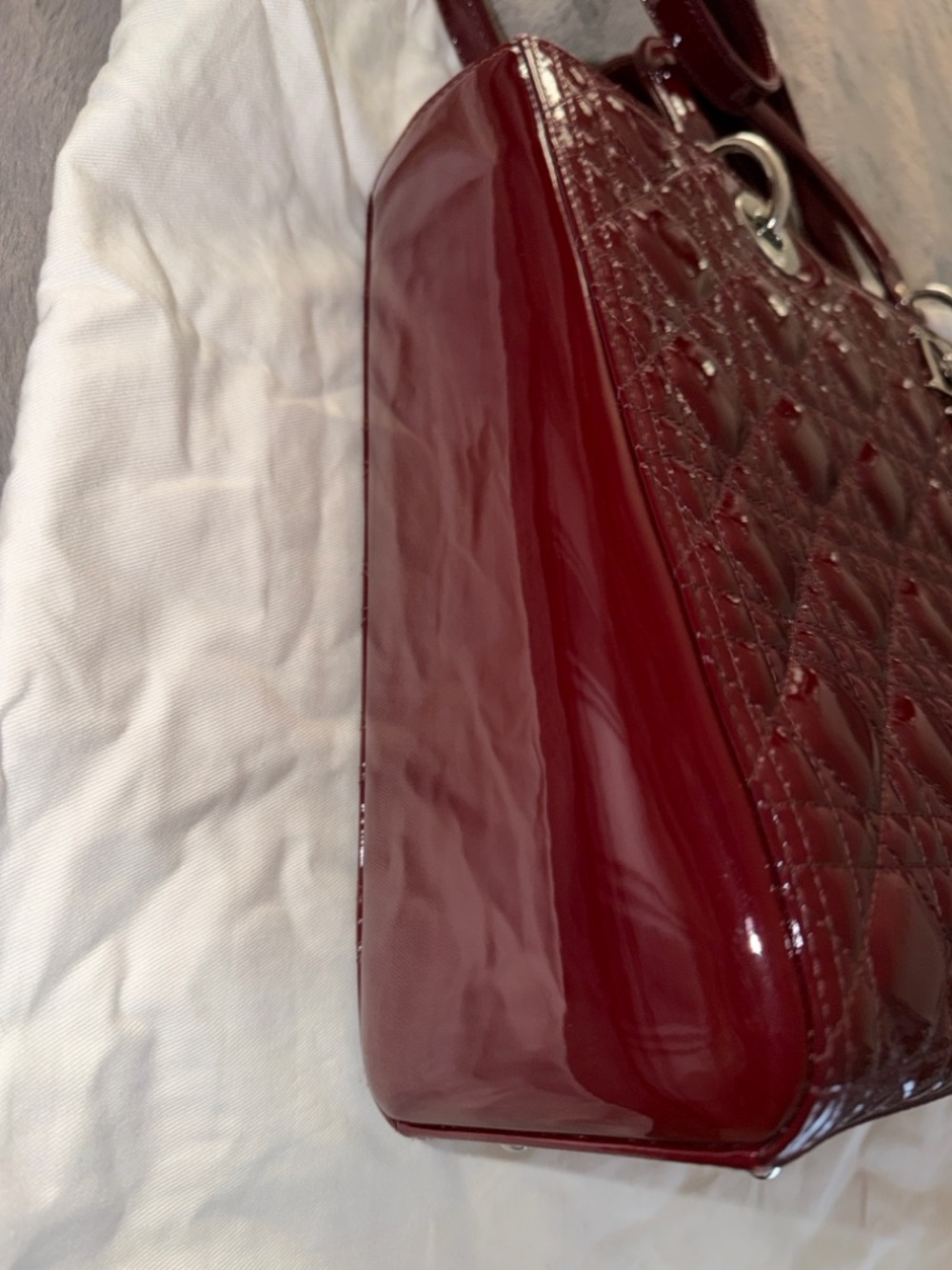 Preloved Christian Dior Burgundy Patent Leather Lady Tote with Dangle Charms - Picture 7 of 11